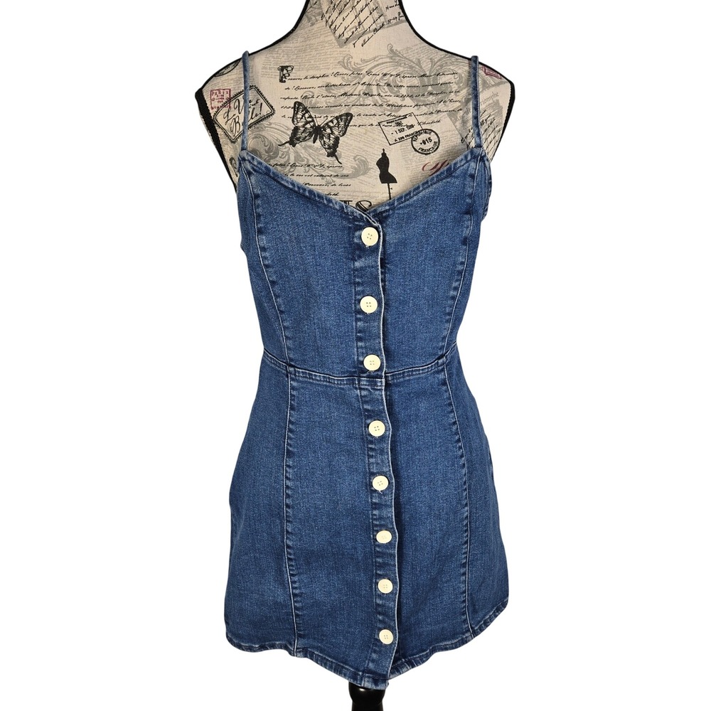 Zara TRF Denim Mini Dress Medium Wash Button Front Spaghetti Strap Blue Womens M